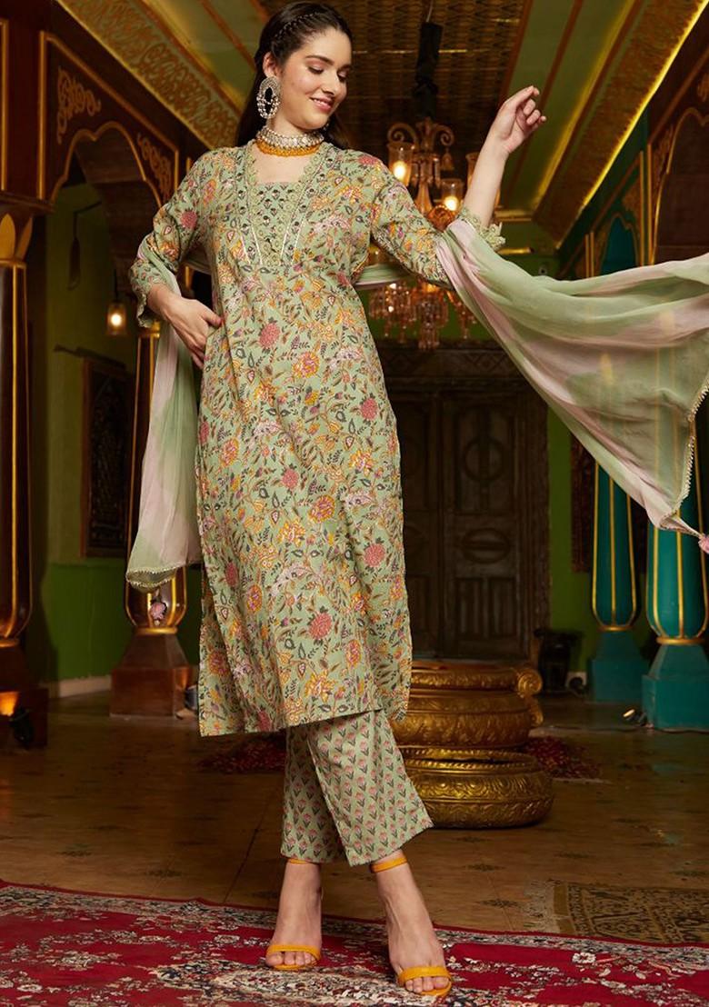 Green Printed Blended Kurta Set