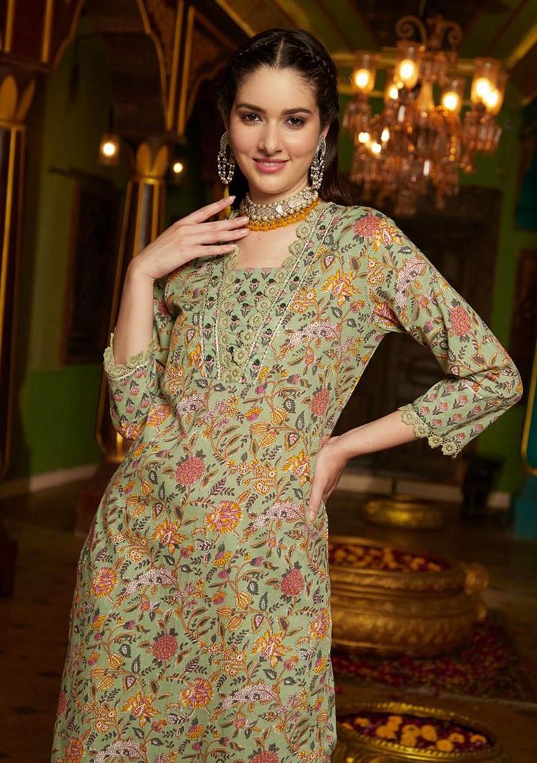 Green Printed Blended Kurta Set
