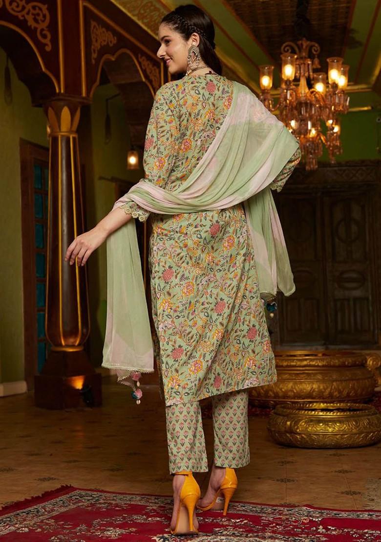 Green Printed Blended Kurta Set