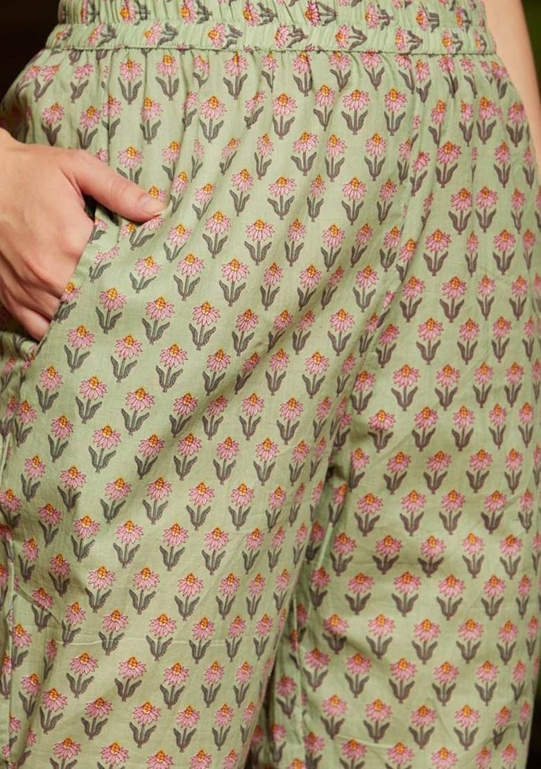 Green Printed Blended Kurta Set