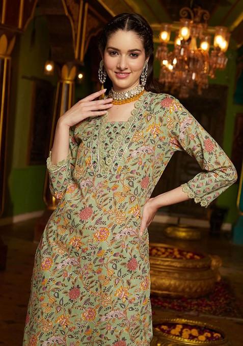 Green Printed Blended Kurta Set