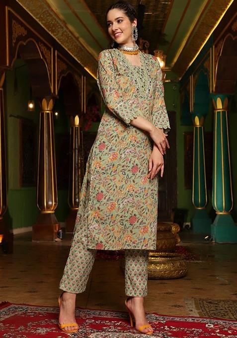 Green Printed Blended Kurta Set