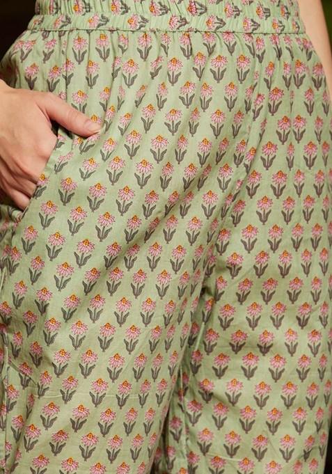 Green Printed Blended Kurta Set