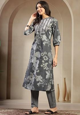 Grey Embroidered Blended Kurta Set
