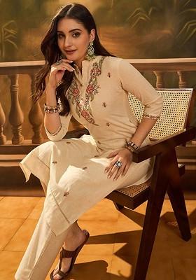 Off White Embroidered Blended Kurta Set