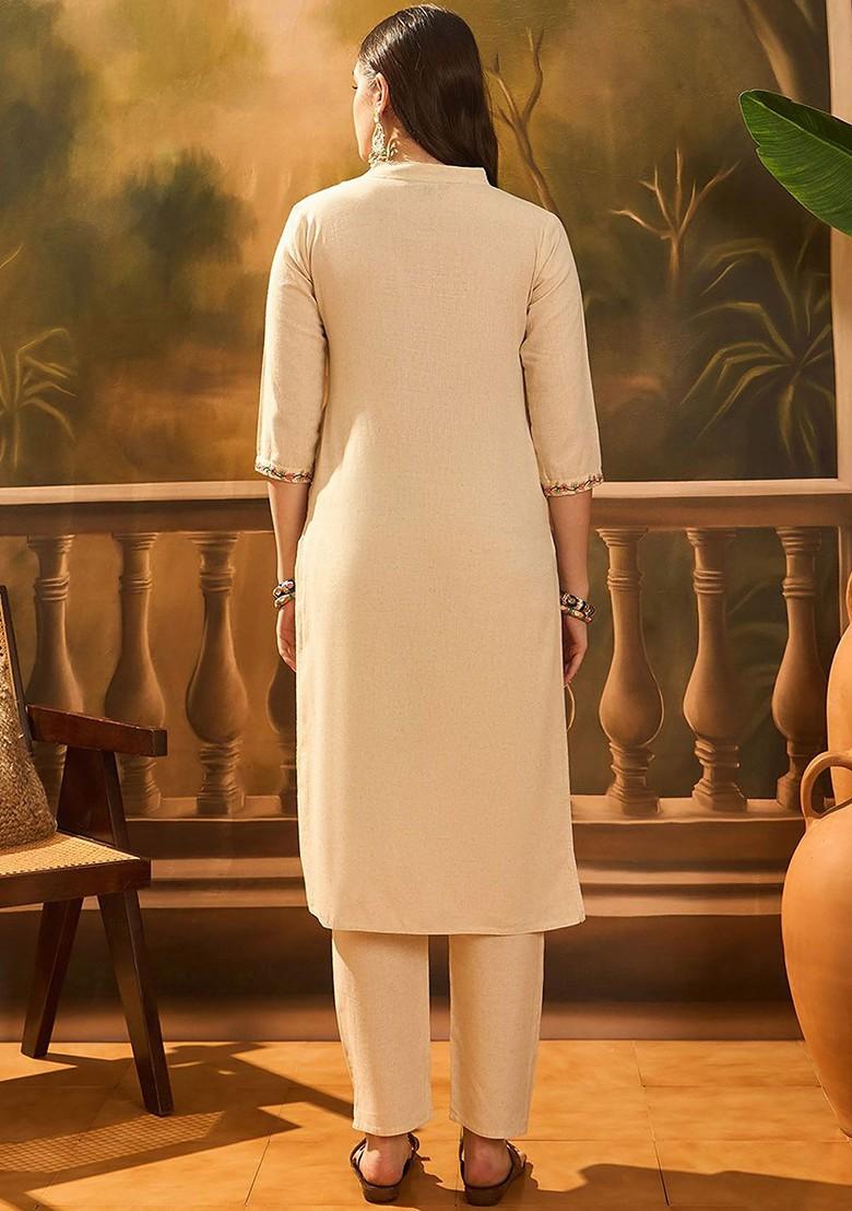 Off White Embroidered Blended Kurta Set - Indya