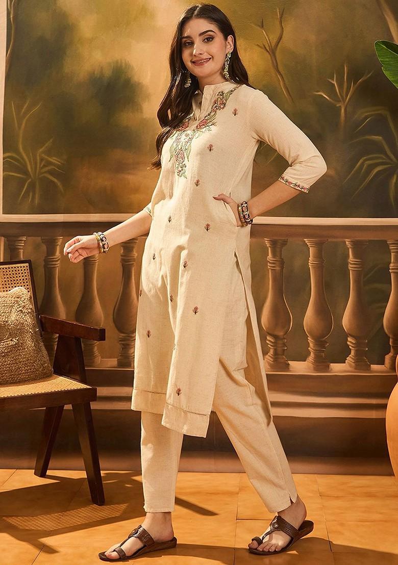 Off White Embroidered Blended Kurta Set