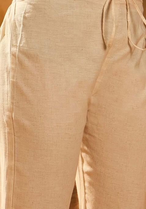 Off White Embroidered Blended Kurta Set