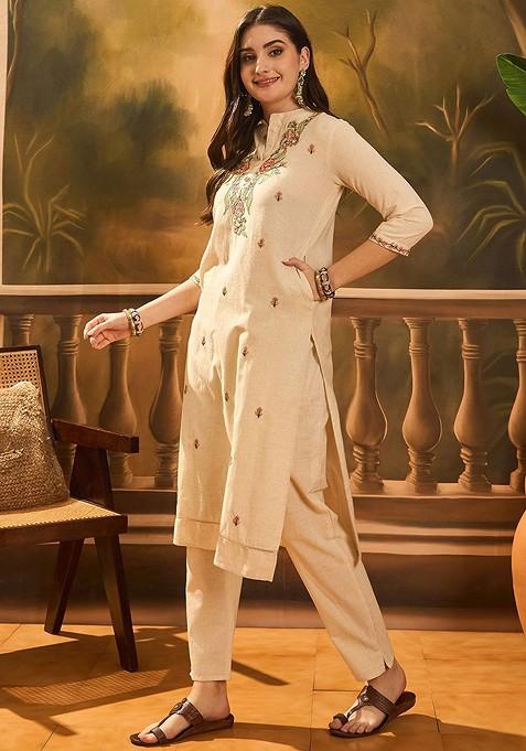 Off White Embroidered Blended Kurta Set