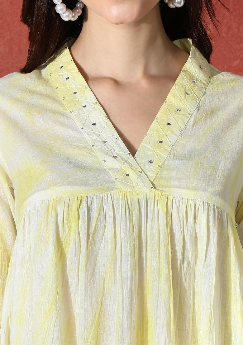 Yellow Embroidered Blended Kurta Set - Indya