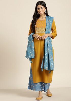 Mustard Yoke Design Blended Kurta Set