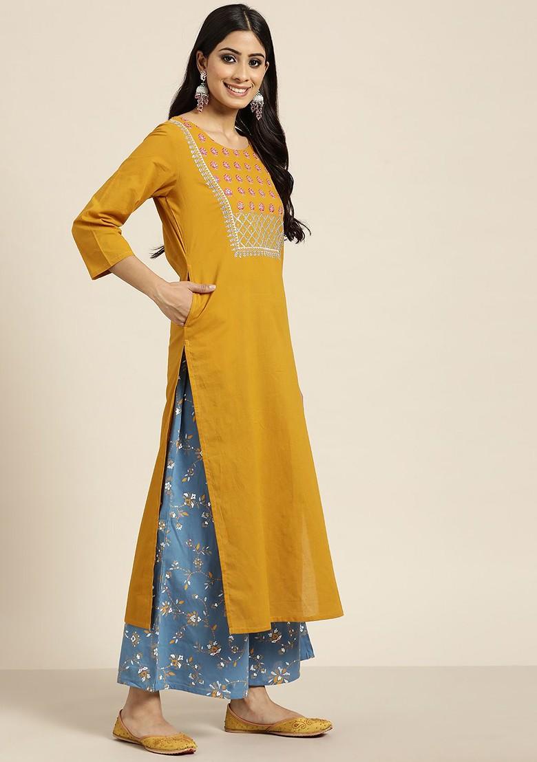 Mustard Yoke Design Blended Kurta Set - Indya