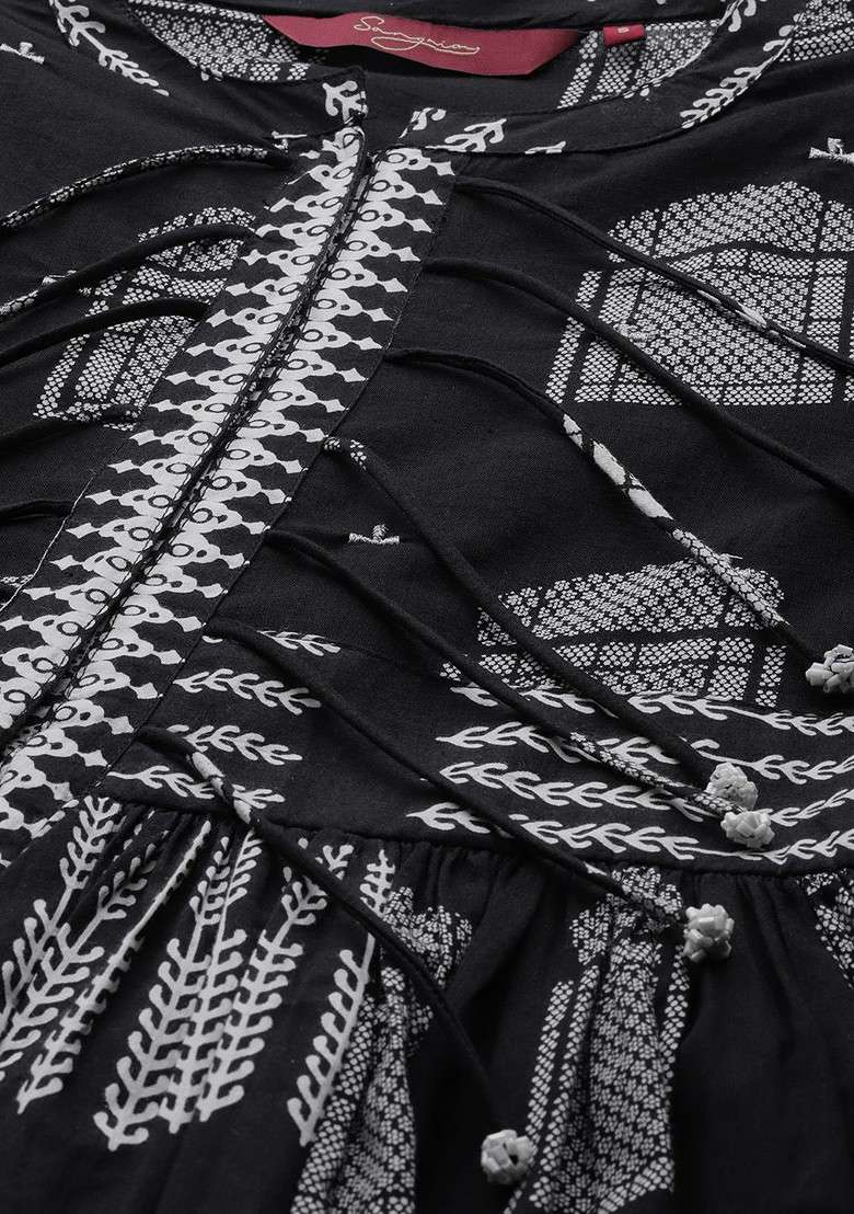 Black Printed Blended Kurta Set - Indya