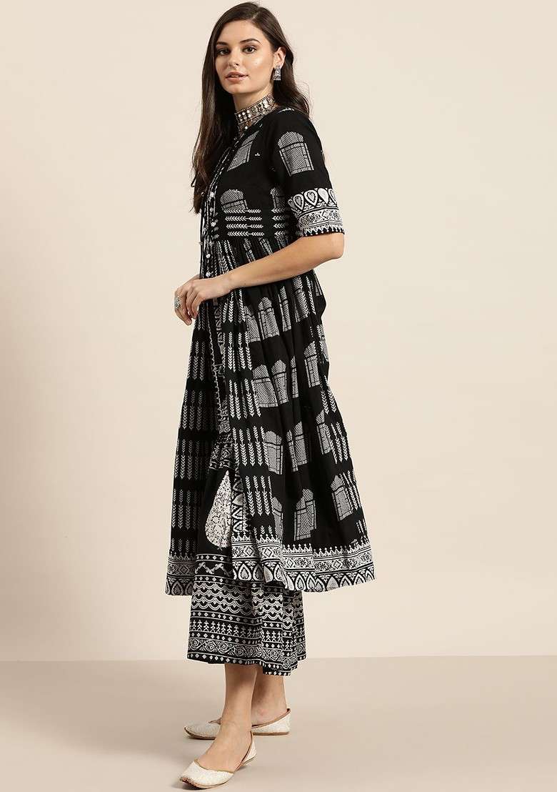 Black Printed Blended Kurta Set - Indya