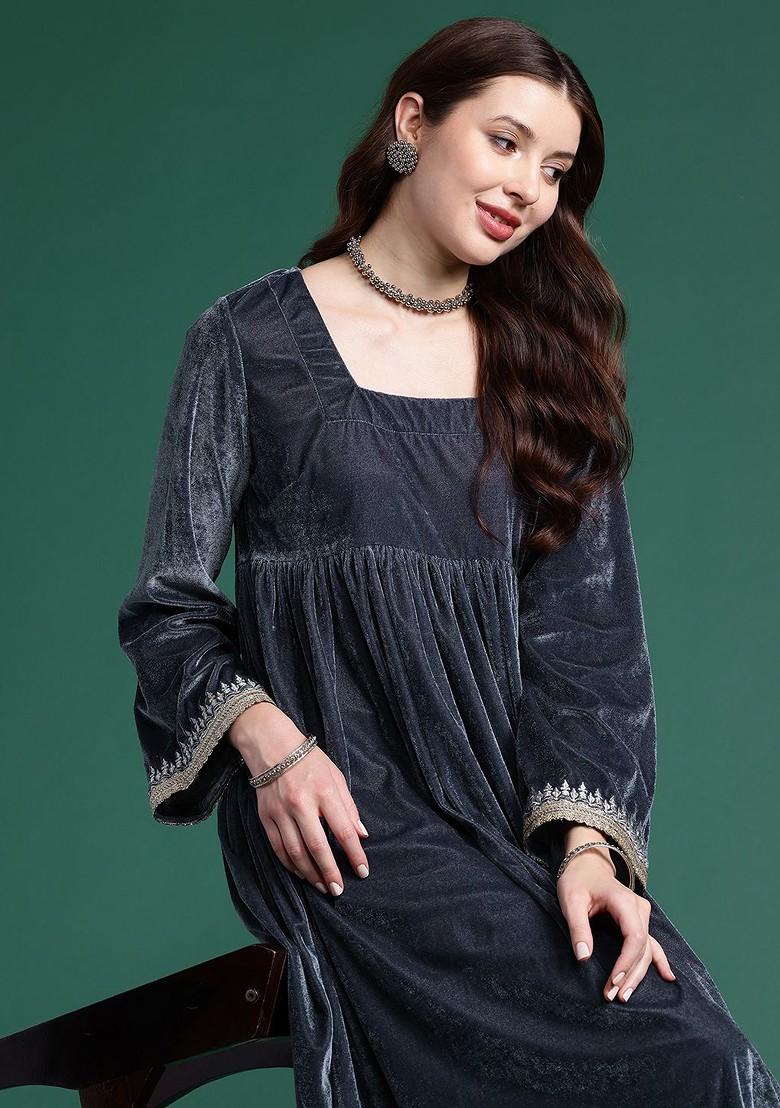 Grey Solid Blended Kurta Set - Indya