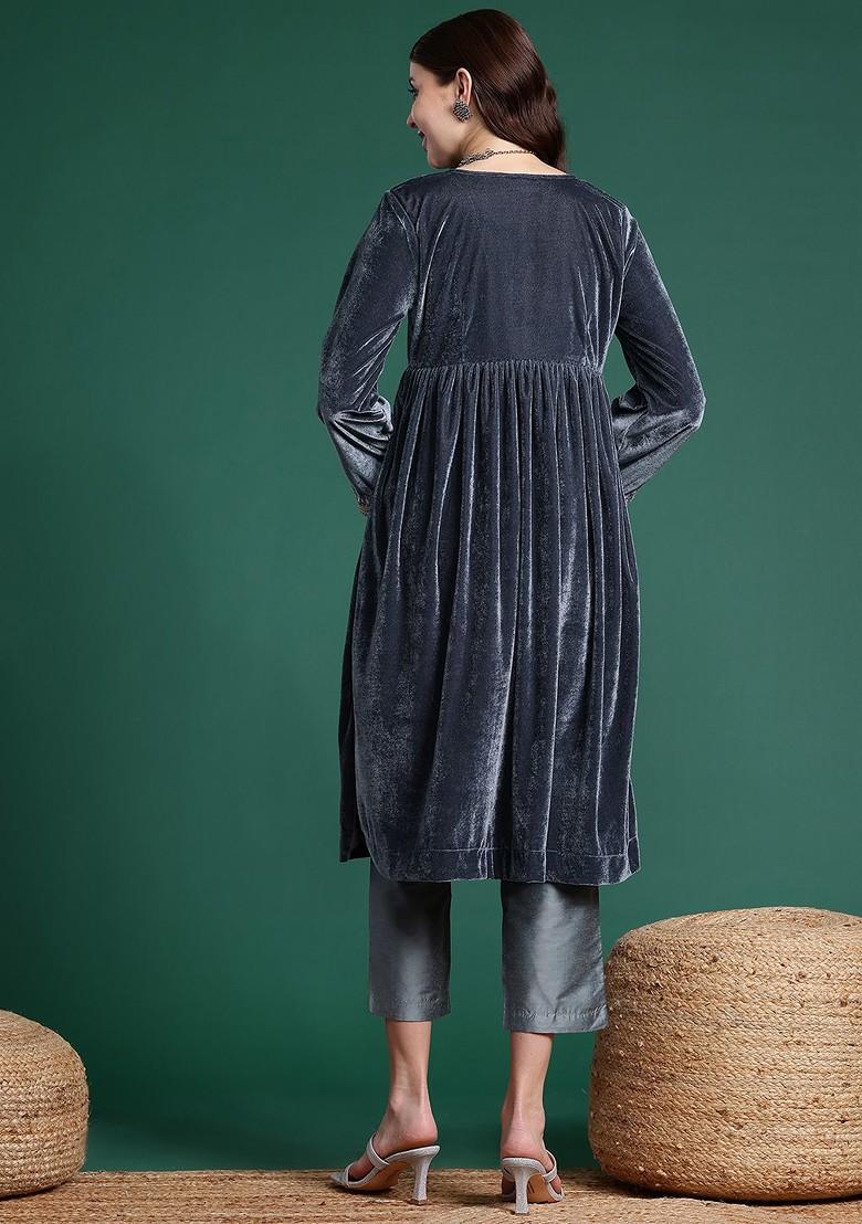 Grey Solid Blended Kurta Set - Indya