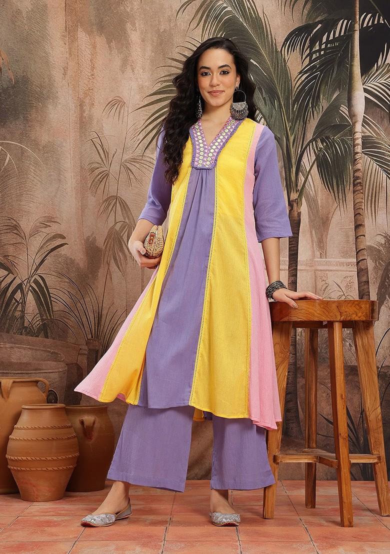 Purple Mirror Work Blended Kurta Set - Indya