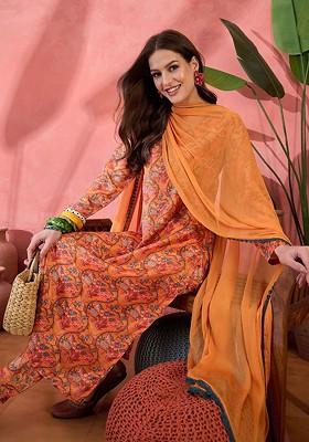 Orange Printed Blended Kurta Set