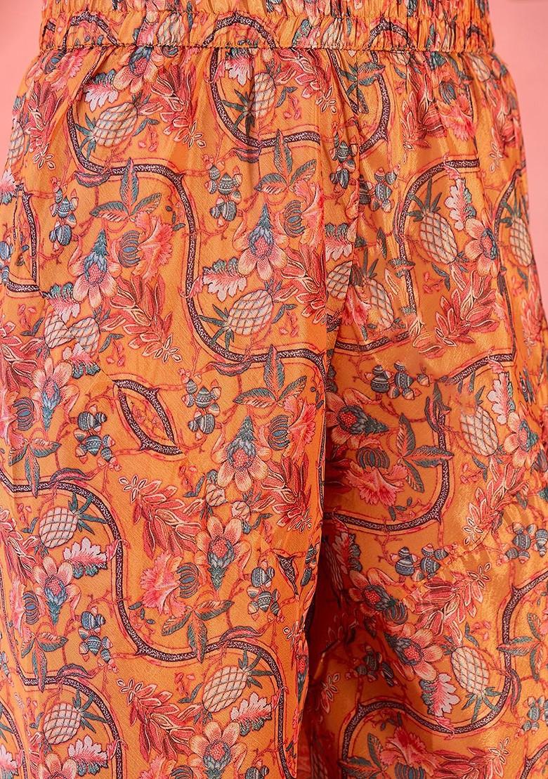 Orange Printed Blended Kurta Set - Indya