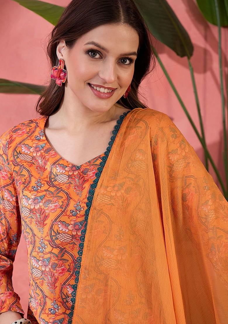 Orange Printed Blended Kurta Set - Indya