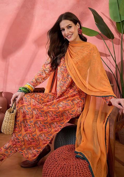 Orange Printed Blended Kurta Set