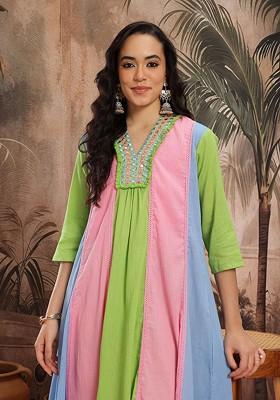 Green Mirror Work Blended Kurta Set