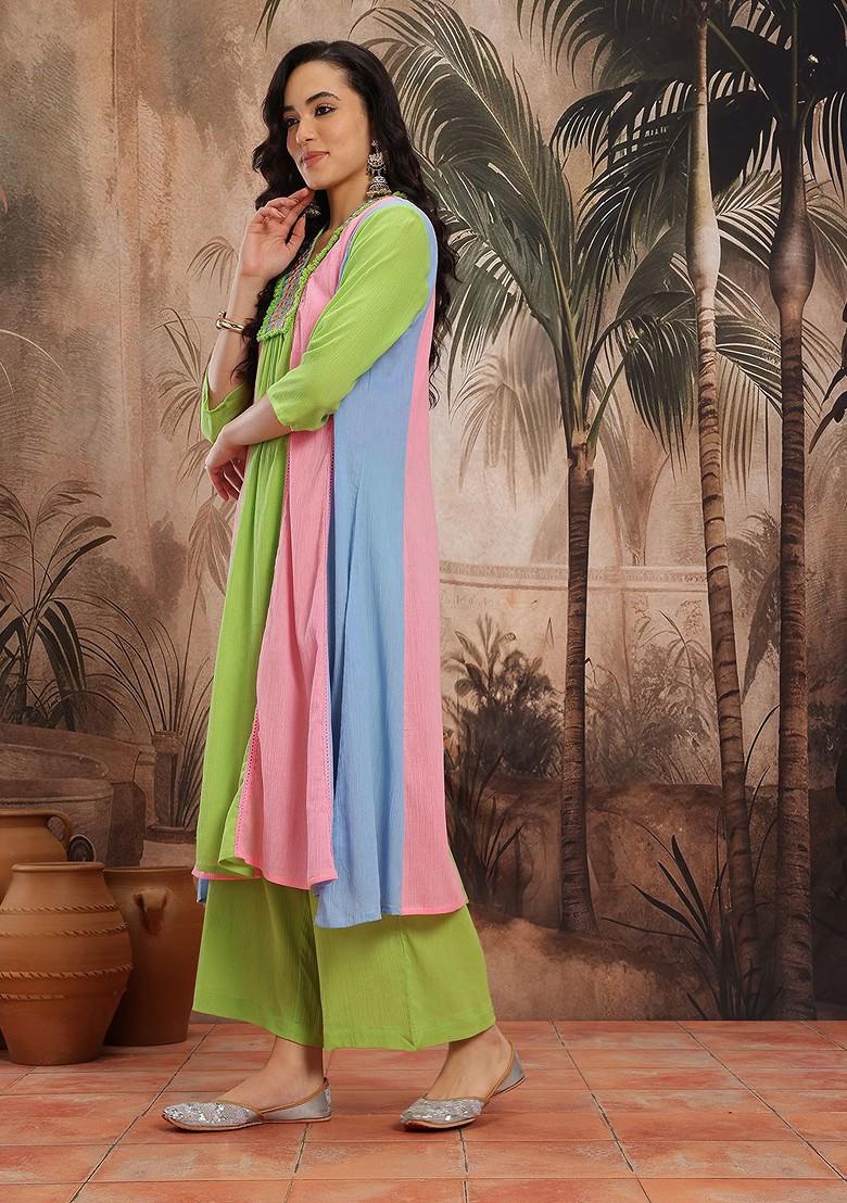 Green Mirror Work Blended Kurta Set - Indya