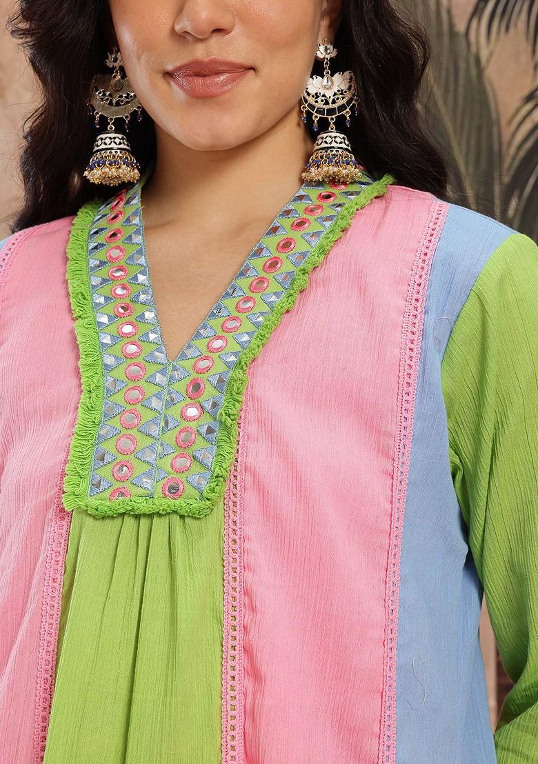 Green Mirror Work Blended Kurta Set - Indya