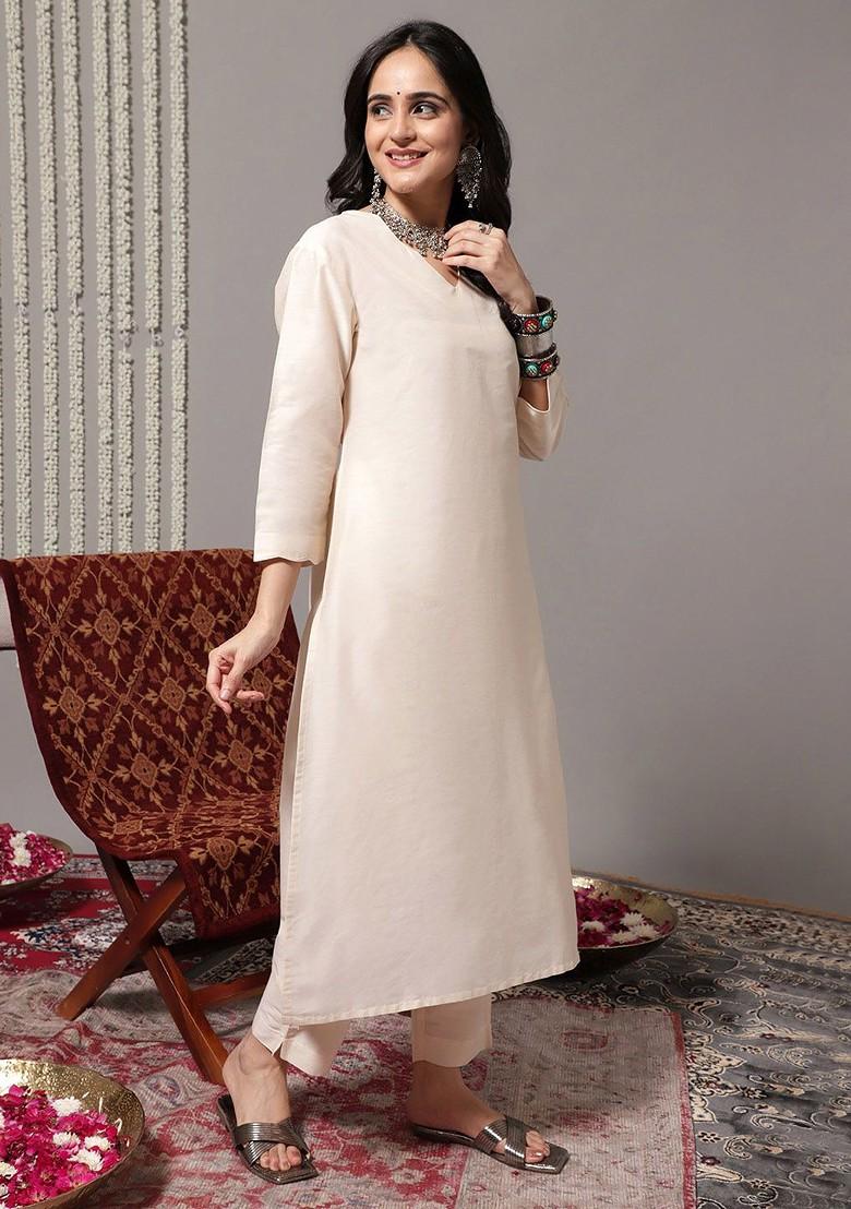 Off White Solid Blended Kurta Set - Indya