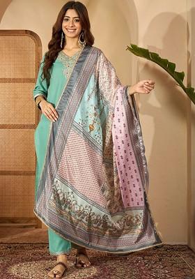Sea Green Embroidered Blended Kurta Set