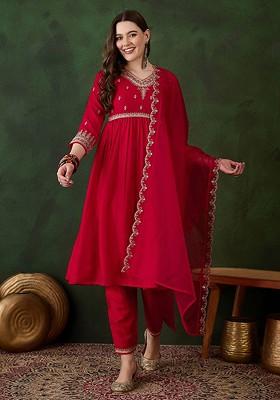 Red Embroidered Blended Kurta Set