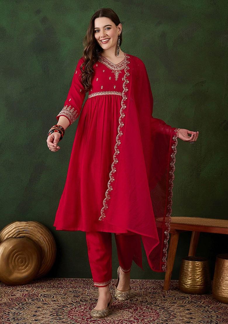 Red Embroidered Blended Kurta Set - Indya
