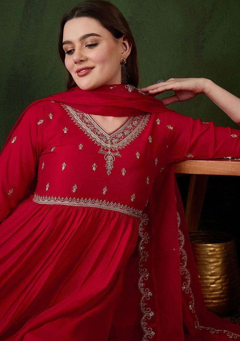 Red Embroidered Blended Kurta Set - Indya