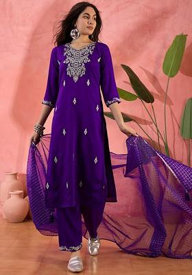 Purple Embroidered Blended Kurta Set
