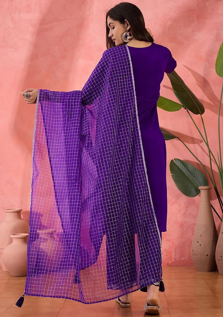 Purple Embroidered Blended Kurta Set - Indya