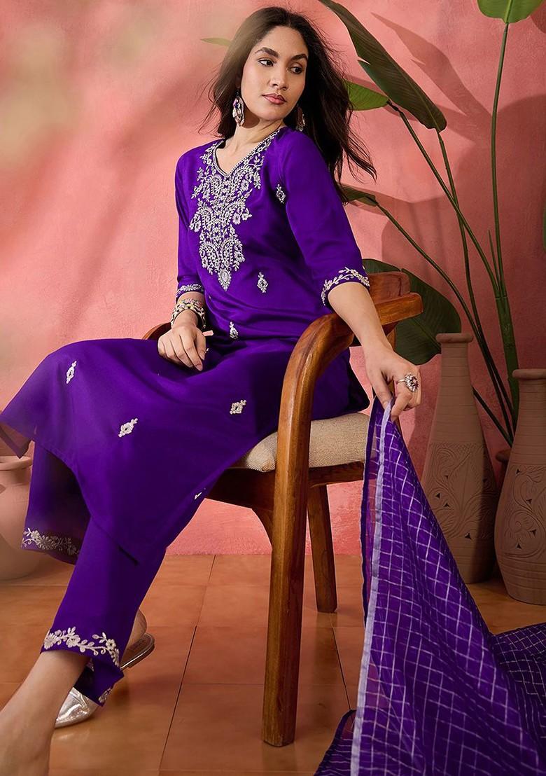 Purple Embroidered Blended Kurta Set - Indya