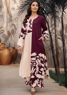 Burgundy Printed Blended Kurta Set