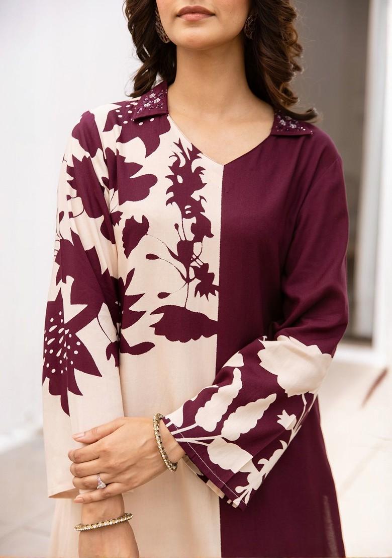 Burgundy Printed Blended Kurta Set - Indya