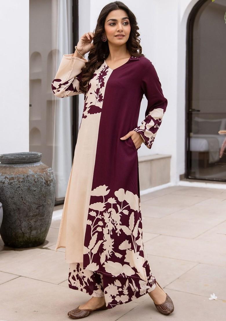 Burgundy Printed Blended Kurta Set - Indya
