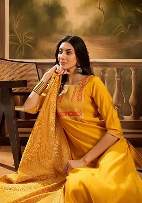 Yellow Embroidered Blended Kurta Set