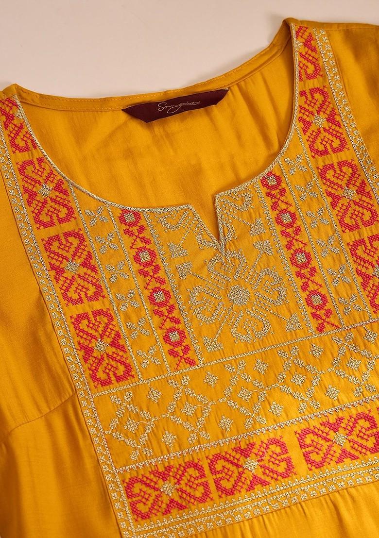Yellow Embroidered Blended Kurta Set - Indya