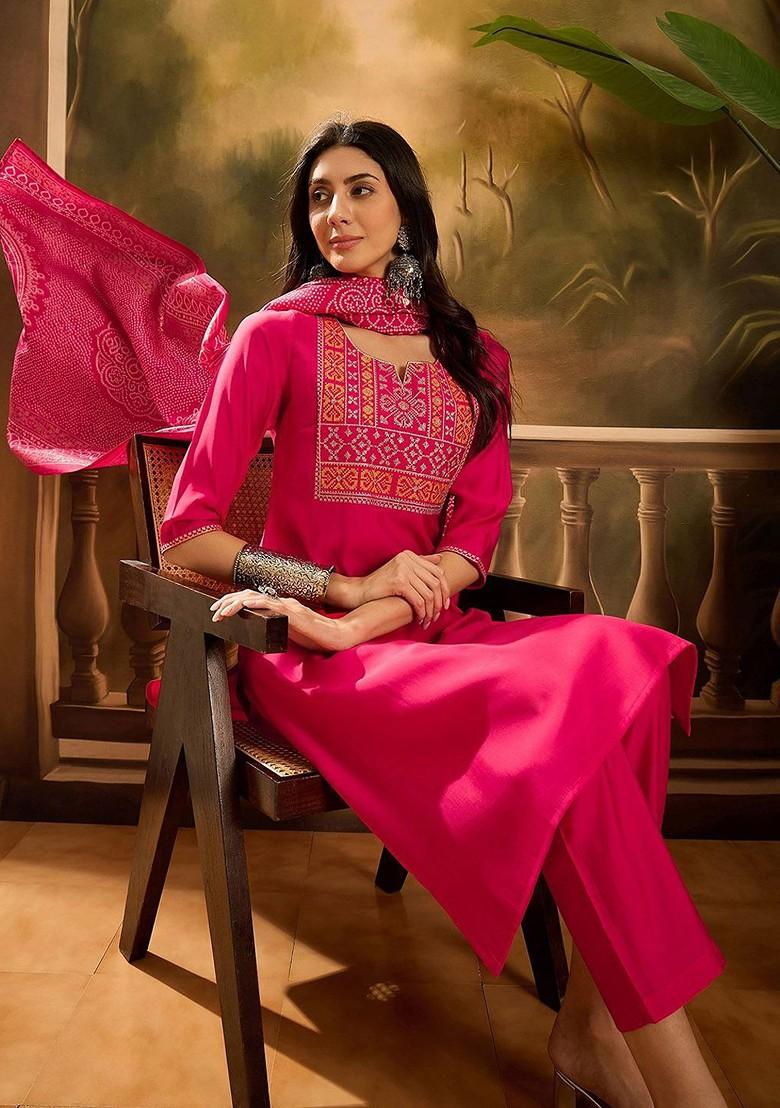 Pink Yoke Design Blended Kurta Set - Indya