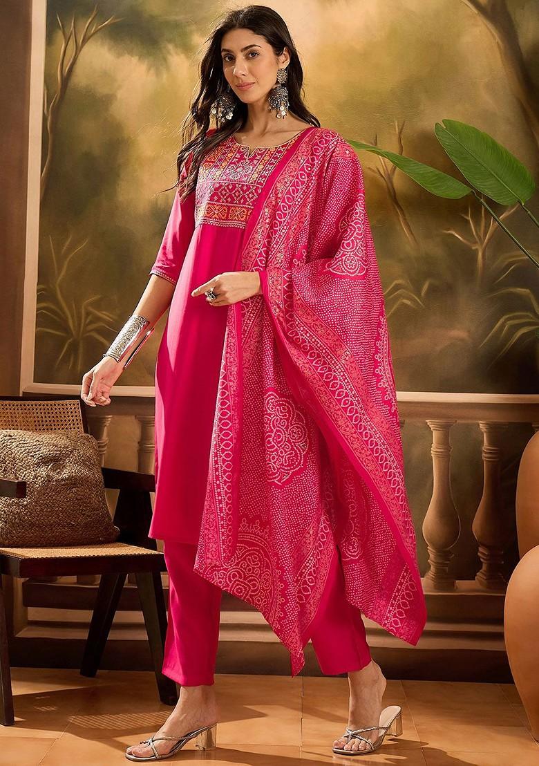 Pink Yoke Design Blended Kurta Set - Indya