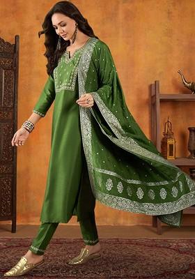 Green Sequinned Blended Kurta Set