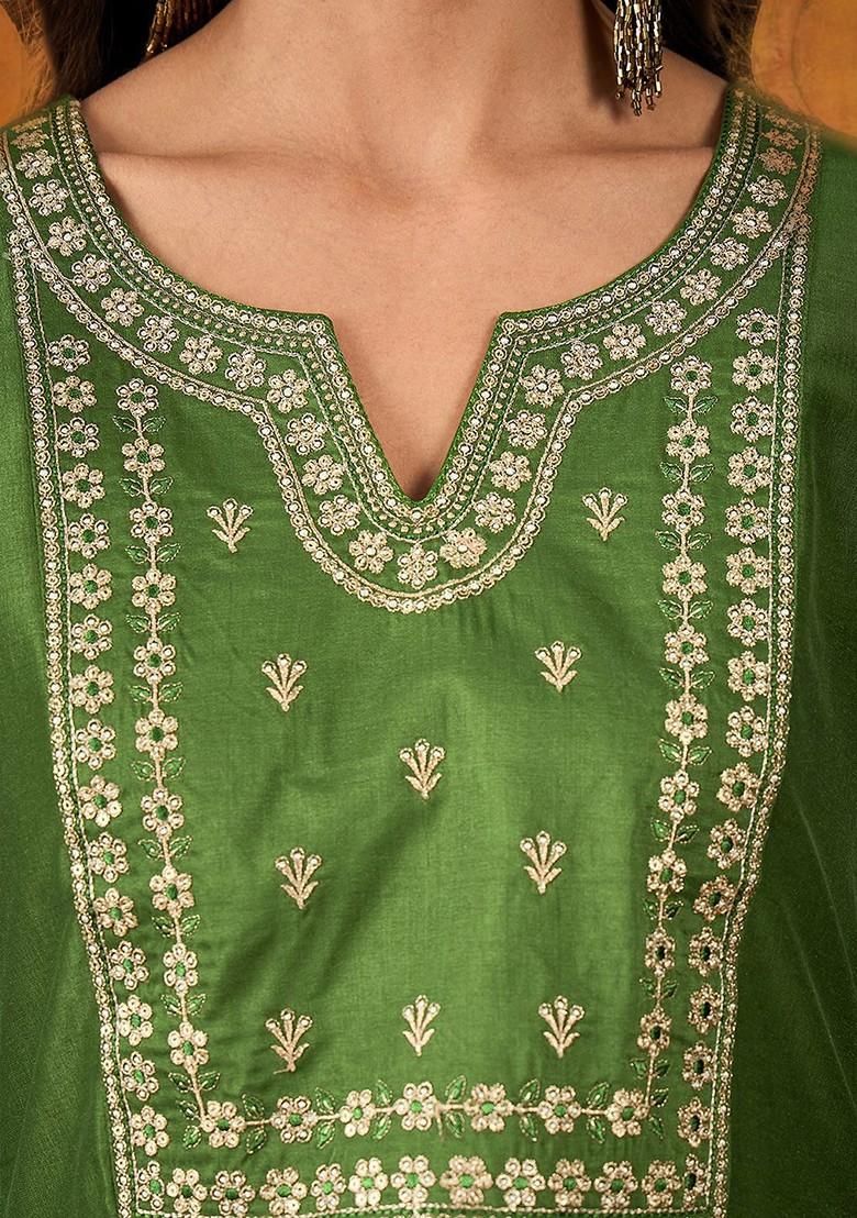 Green Sequinned Blended Kurta Set - Indya