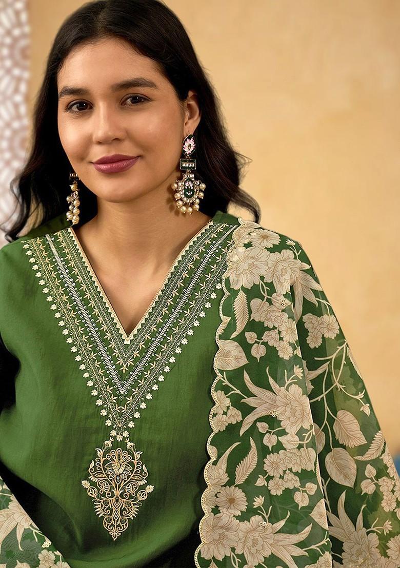 Green Yoke Design Blended Kurta Set - Indya