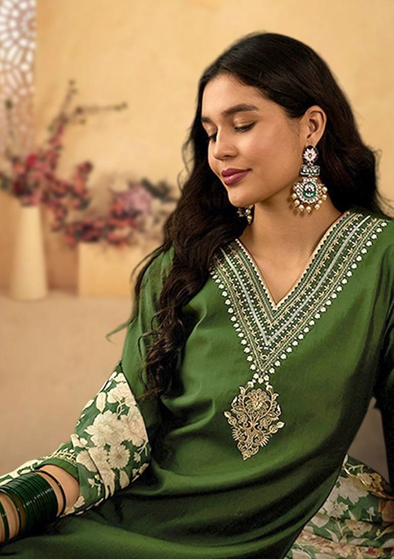 Green Yoke Design Blended Kurta Set - Indya