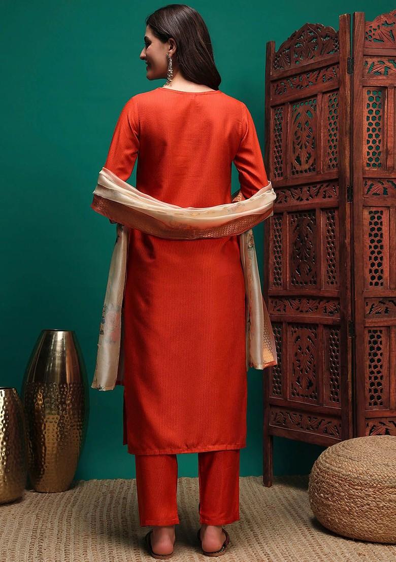 Orange Embroidered Blended Kurta Set - Indya