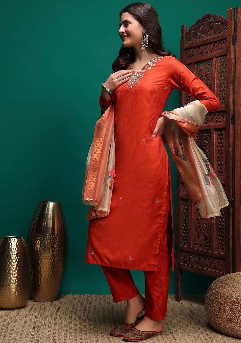 Orange Embroidered Blended Kurta Set - Indya