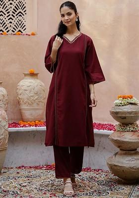 Burgundy Solid Blended Kurta Set